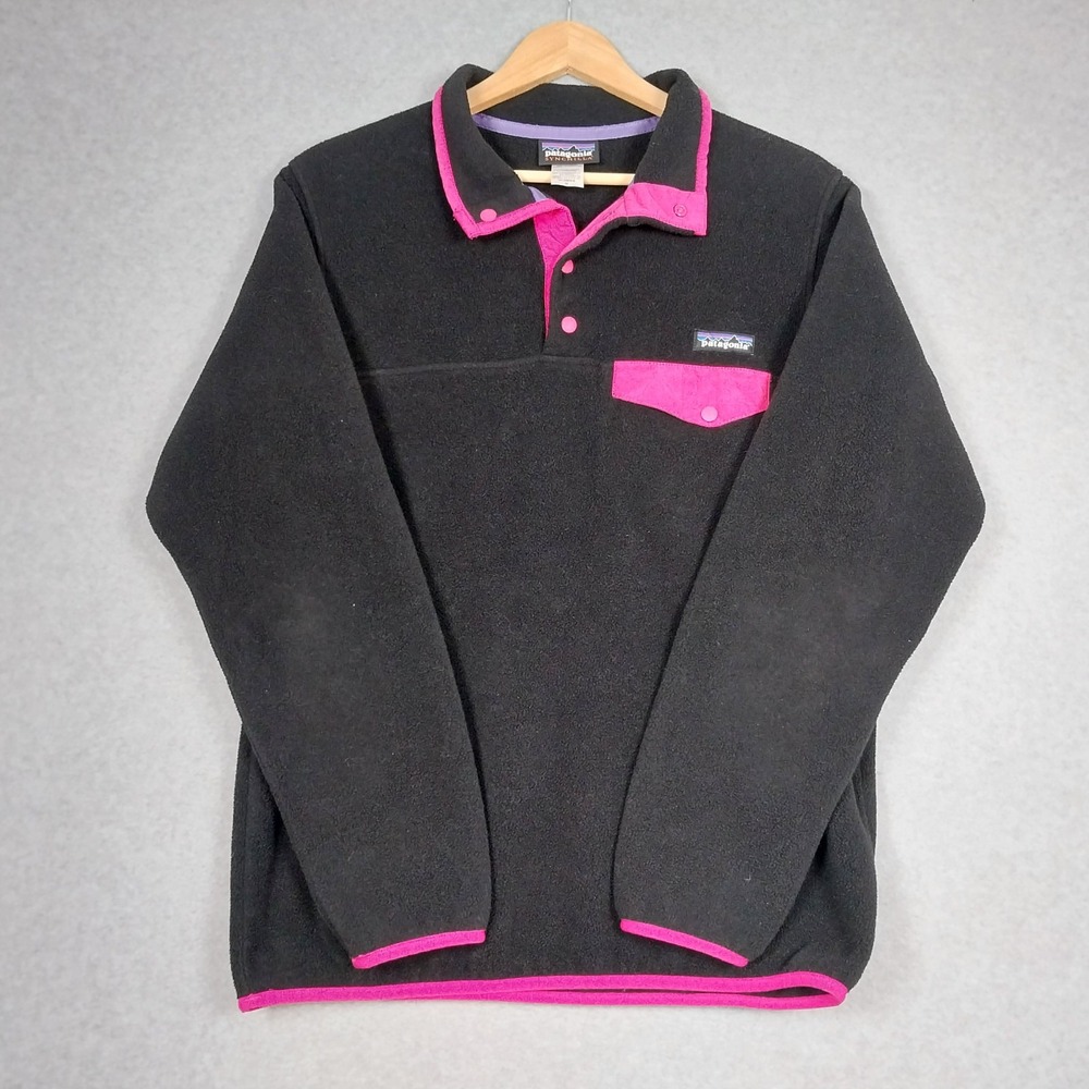 Patagonia Synchilla Womens Medium Black Pink Snap T Fleece Sweater Pullover